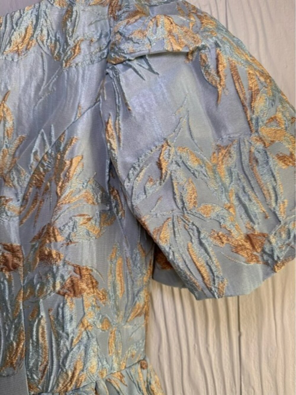 Mac Duggal Light Blue and Gold Puff-Sleeve High-Low Jacquard Gown #11608 Sz: 10 - Picture 5 of 12